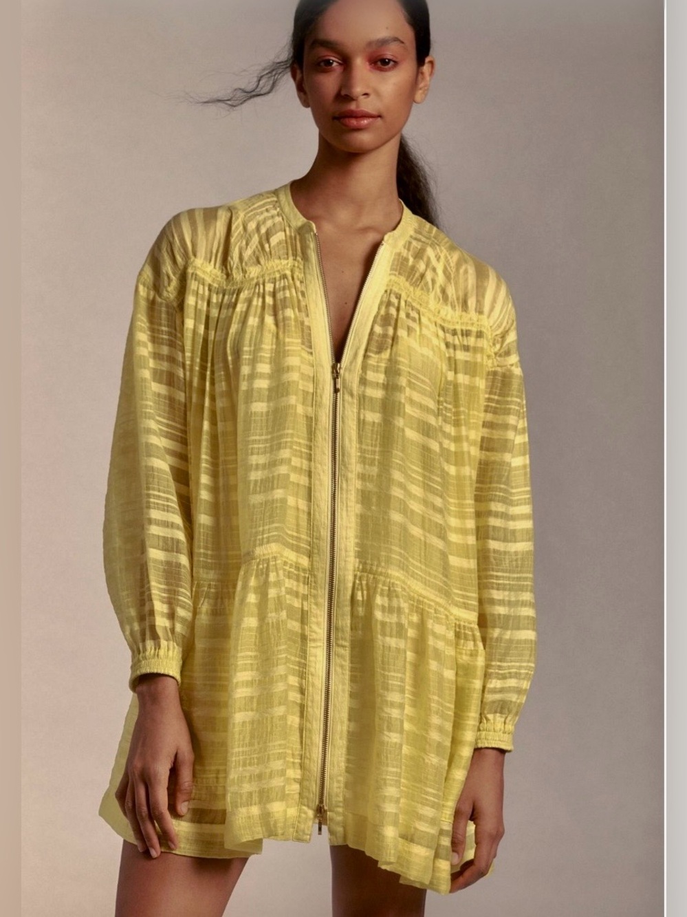 Anthropologie Yellow Textured Zipped Tiered Mini Dress - Picture 3 of 8